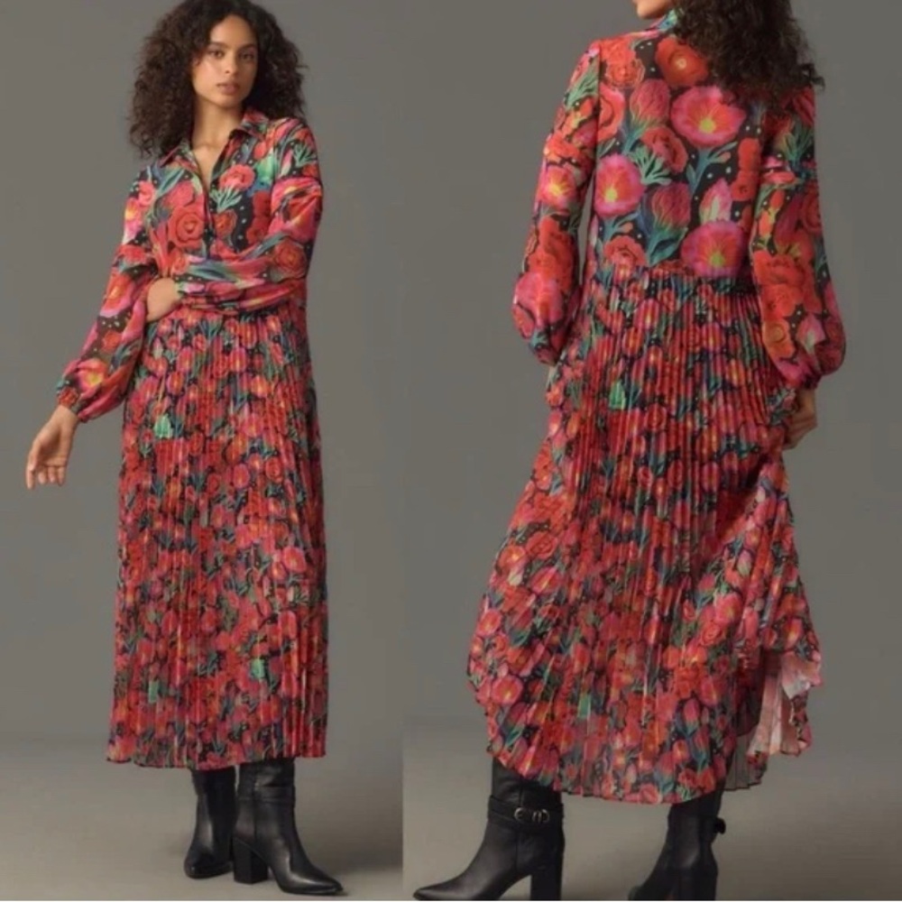 Farm Rio Anthropologie Pleated Drop-Waist Maxi Dress XS Red Pink Green Black